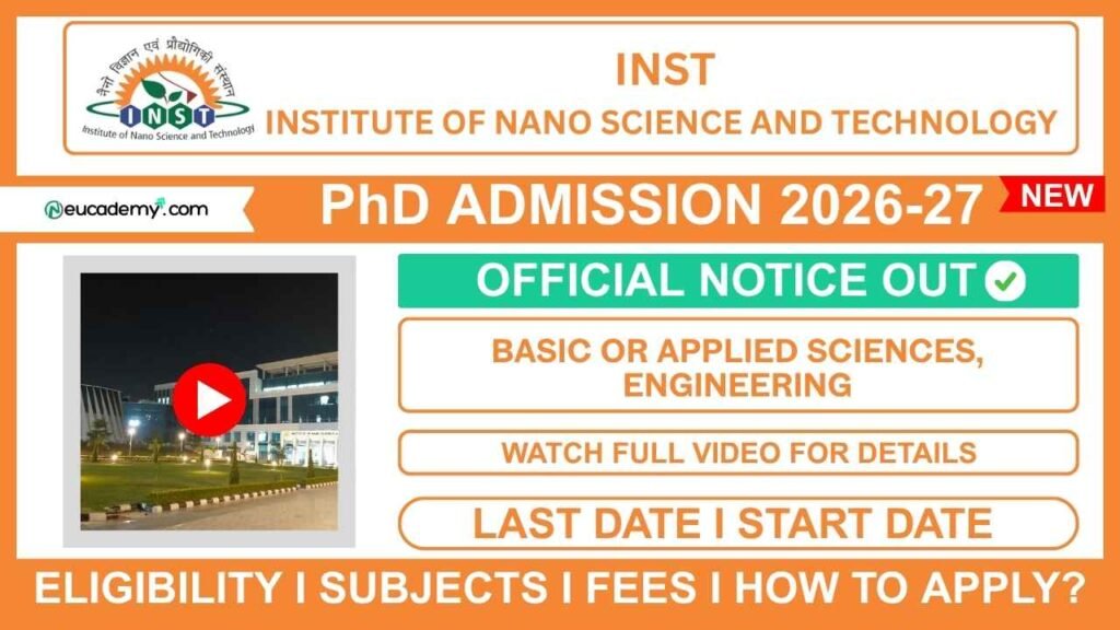 Institute of Nano Science and Technology (INST) Mohali PhD Admission 2026-27