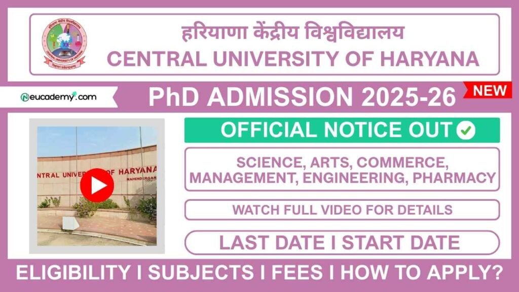 Central University of Haryana (CUH) PhD Admission 2025-26