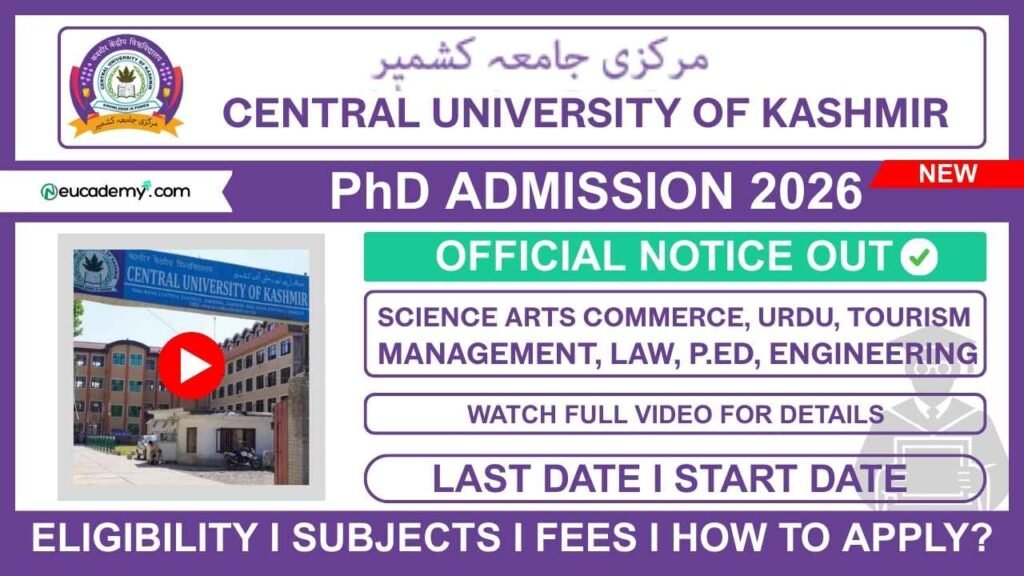 Central University of Kashmir (CUKmr) PhD Admission 2026 for 2025-26 (Phase-II)