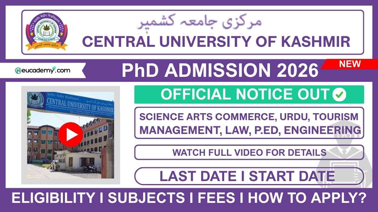 Central University of Kashmir (CUKmr) PhD Admission 2026 for 2025-26 (Phase-II)