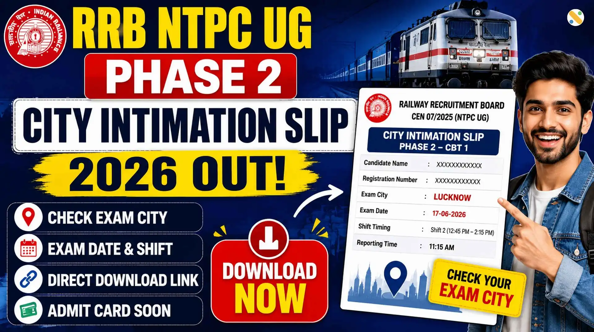 RRB NTPC UG Phase 2 City Intimation Slip 2026 Direct Link to Check Exam City
