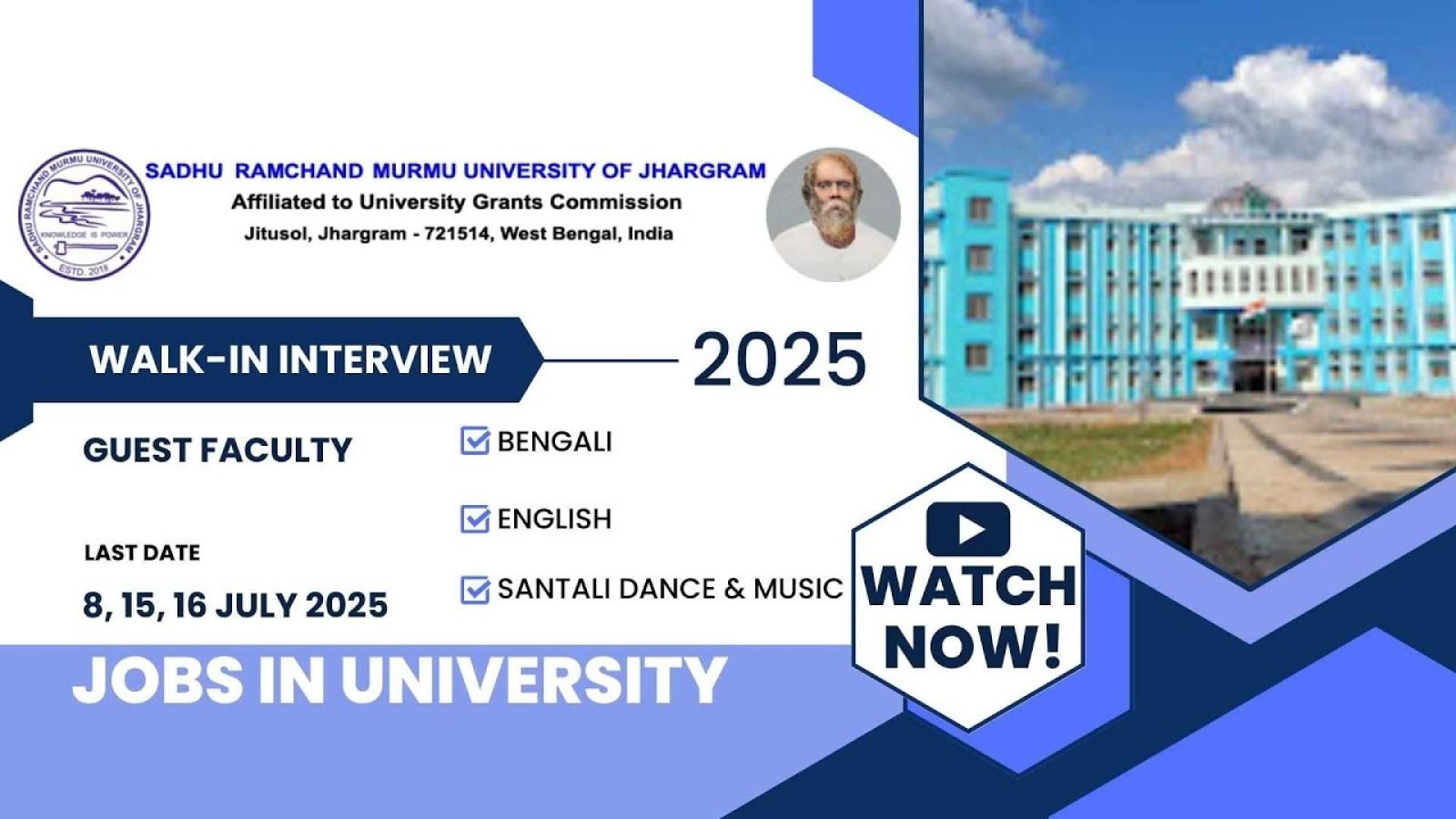 Teaching Jobs 2025 – Walk-in at SRMU Jhargram